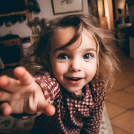 Portrait of a cute little girl pointing with her finger at the cameraの素材