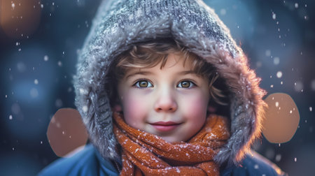 Portrait of a cute little boy in winter clothes, outdoors.の素材