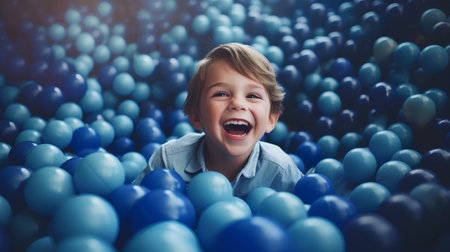 Cheerful little boy with blue balloons at a birthday party.の素材