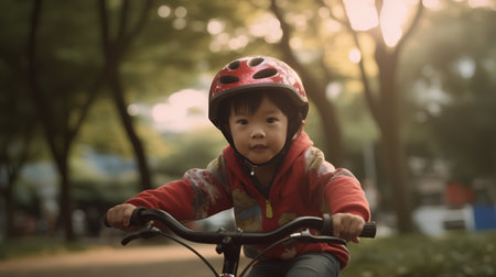 cute asian boy riding bicycle in the park, vintage toneの素材
