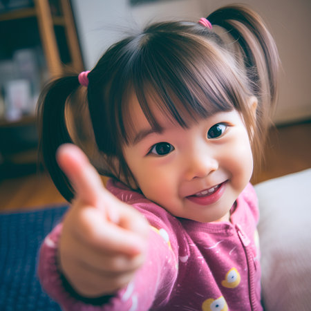 Portrait of cute little asian girl smiling and showing thumbs upの素材