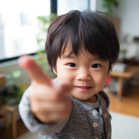 Asian baby boy smiling and showing thumbs up gesture in the living roomの素材