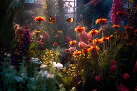flowers and butterfly in the garden at sunset. filtered image.の素材