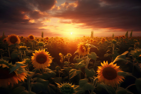 Sunflower field at sunset. Nature background. 3d illustration.の素材