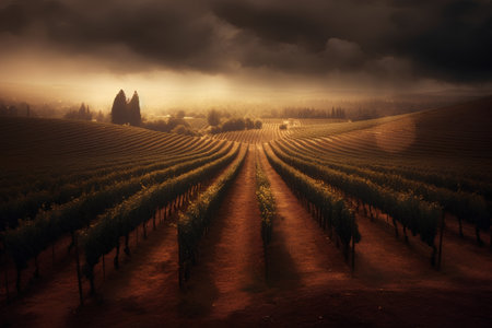 Vineyards in Tuscany, Italy. Rural landscape with vineyards at sunset.の素材