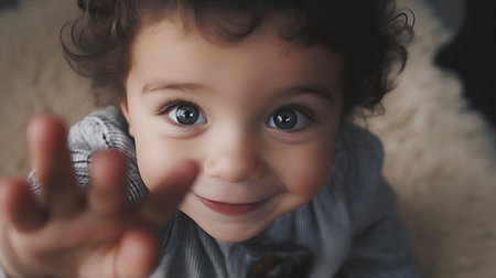 Portrait of a cute baby boy with blue eyes looking at cameraの素材