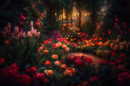 Tulips in the garden at sunset. Spring landscape. Digital painting.の素材