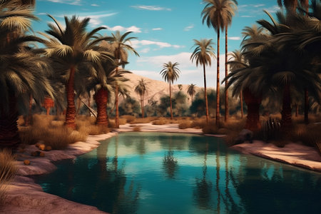 Palm trees and pool in the desert at sunset, 3d renderの素材