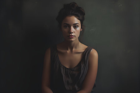 Portrait of a beautiful young brunette woman on a dark backgroundの素材