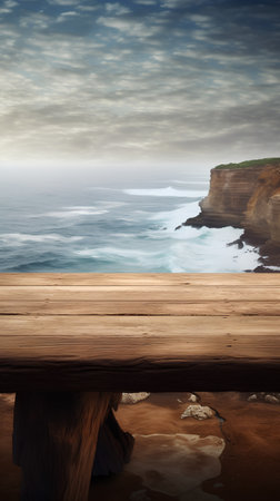 Wooden table in front of seascape. Collage.の素材