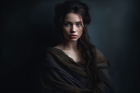 Portrait of a beautiful young woman in a warm sweater on a dark backgroundの素材