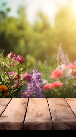 Wooden table in front of blurred garden background. product display templateの素材