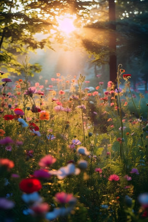 Beautiful meadow in the morning light. Colorful flowers.の素材