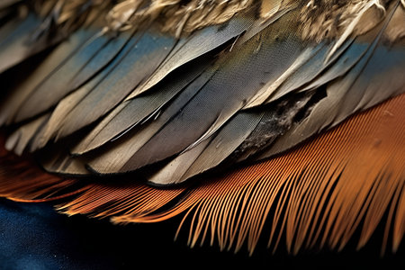 close up of a bird's feathers in different colors on a black backgroundの素材