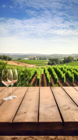 Wine tasting in Tuscany, Italy. Wine glasses on wooden table with vineyard background.の素材