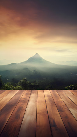 Wooden floor with beautiful mountain view in the morning,Thailandの素材