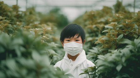 Cute asian boy wearing face mask in green tea farm.の素材