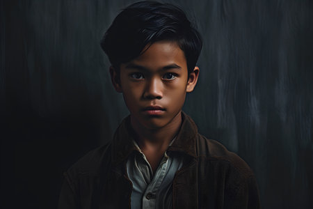 Portrait of a young handsome asian man on dark background.の素材