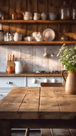 Wooden table and vase with flowers in rustic kitchen interiorの素材