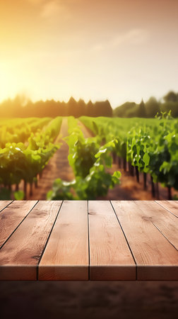 Vineyard in Tuscany, Italy. Wooden table backgroundの素材