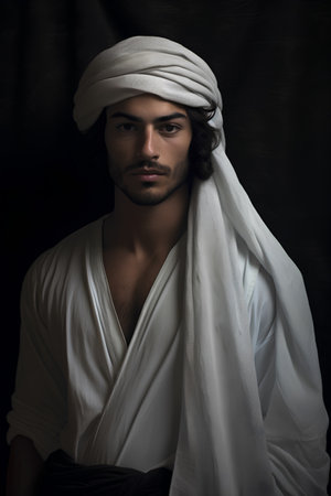 Portrait of a handsome Arabian man with white towel on his headの素材