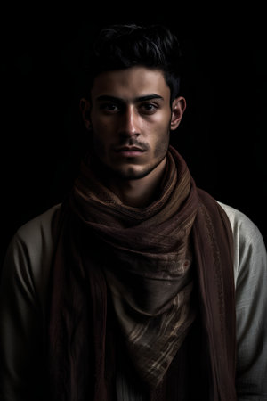 Portrait of a handsome young man wearing scarf on black background.の素材