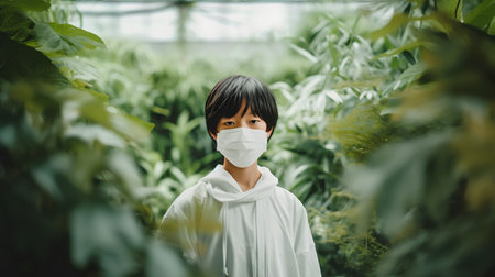 Portrait of a child wearing a face mask in a greenhouse.の素材