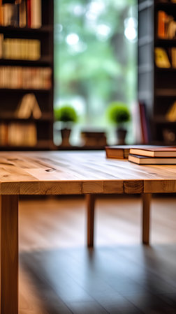 Wooden table and bookcase in modern library. Selective focus.の素材