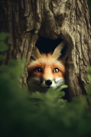 Red fox looking out of hole in the tree. Cute fox in the forest.の素材