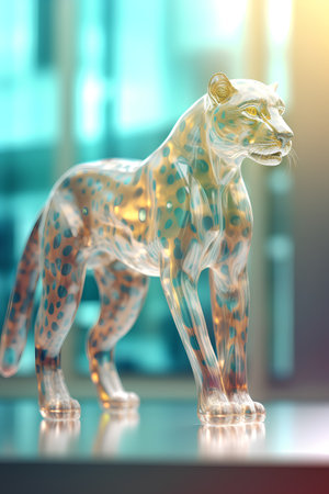 3d render of a leopard on a blue background with reflectionの素材