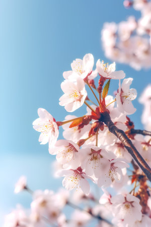 cherry blossom sakura flowers on blue sky background - vintage effect style picturesの素材