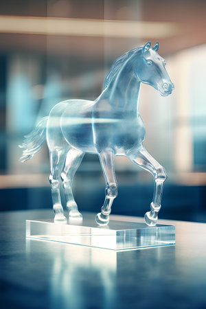 Horse statuette on glass pedestal. 3d renderingの素材