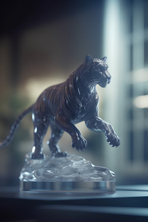 Tiger figurine made of glass on a dark background. 3d renderingの素材