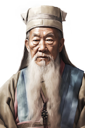 Portrait of a senior Chinese man in traditional clothes. Isolated on white background.の素材