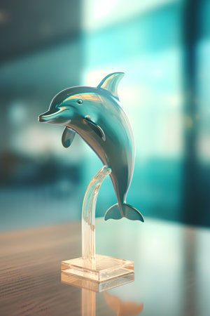 3d rendering dolphin statue with glass trophy on table in office roomの素材