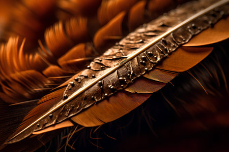 feathers of a bird on a dark background close-upの素材