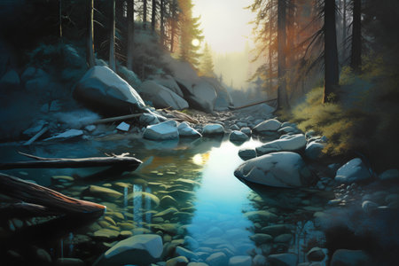 Mountain river in the woods at sunrise. 3D rendering.の素材