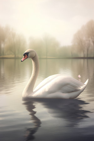 Beautiful white swan on the lake in the misty morningの素材