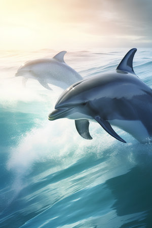 Dolphins swimming in the ocean. 3D render. Sea background.の素材