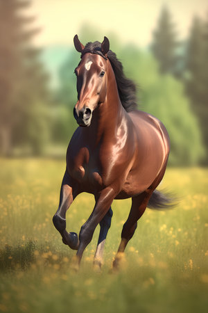 Beautiful bay horse galloping on the meadow with yellow flowersの素材