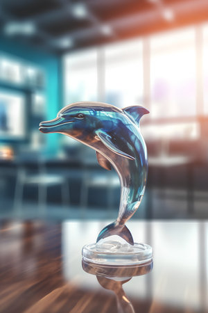 Dolphin statue in modern office interior. 3d rendering double exposureの素材