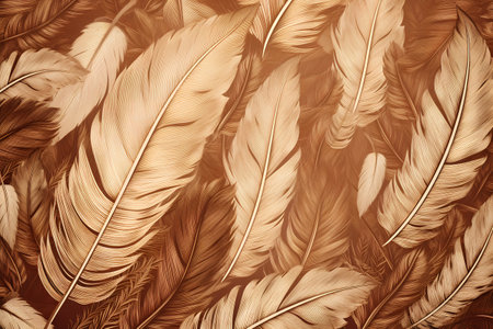 Beautiful color feathers on brown background, feather texture, closeupの素材