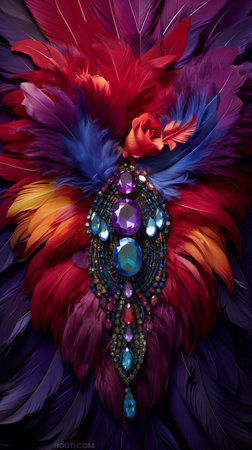 Abstract background with feathers and beads. Colorful feathers. 3d renderingの素材