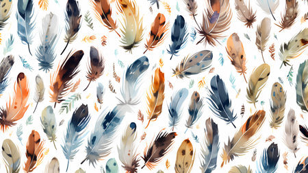 Seamless pattern with watercolor feathers. Hand-drawn illustration.の素材