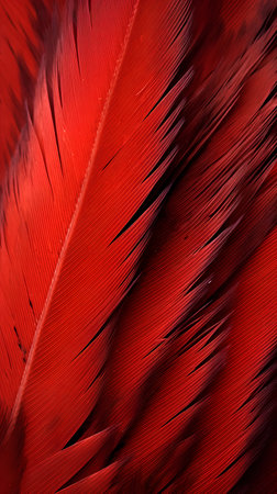 close up of red bird feathers as a background, macro photo textureの素材