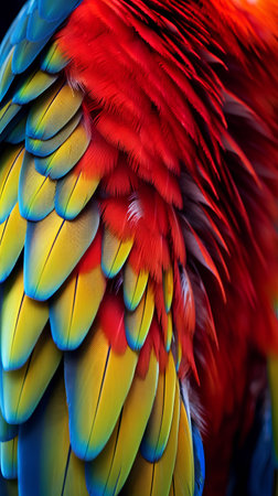 Beautiful scarlet macaw feathers close-up. Colorful backgroundの素材