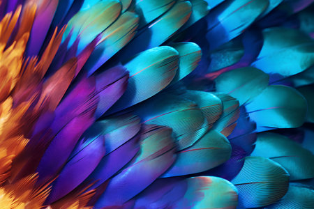 Macro shot of the feathers of a bird. Colorful background.の素材