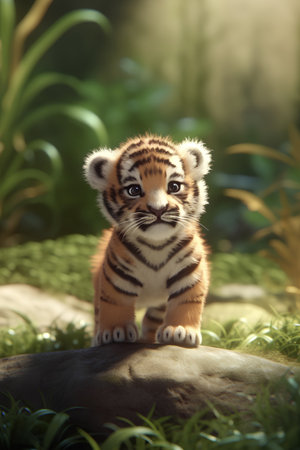 Cute tiger cub standing on a rock in the garden with green backgroundの素材