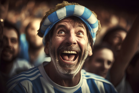 Portrait of an angry fan in a blue hat at a stadiumの素材