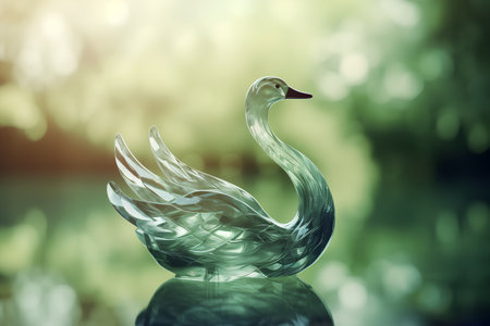Swan made of glass on a green bokeh background.の素材